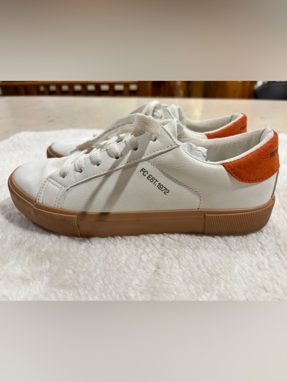 French Connection White Leather Sneakers with Orange Heel Accent